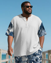 Men's Plus Size Hawaiian Blue Coconut Leaf Print Henry Collar Short Sleeve T-Shirt Shorts Suit